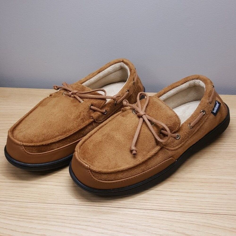 ISOTONER Slippers Mens Size 9.5 10.5 Tan Slip On Plush Lined Gel Memory Foam